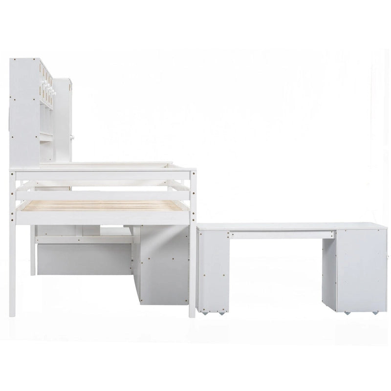 Full Size Wooden Loft Bed with Big Storage and Under-bed Desk