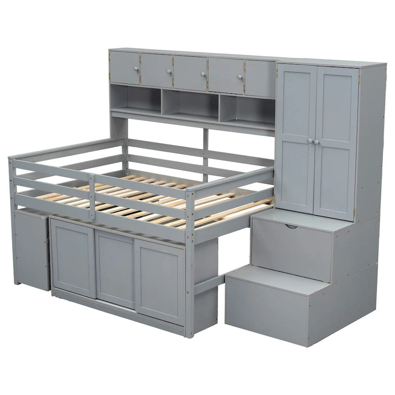 Full Size Wooden Loft Bed with Big Storage and Under-bed Desk