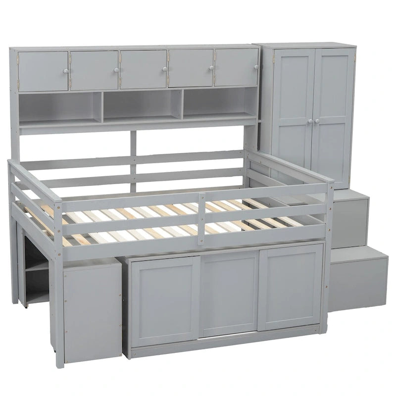 Full Size Wooden Loft Bed with Big Storage and Under-bed Desk