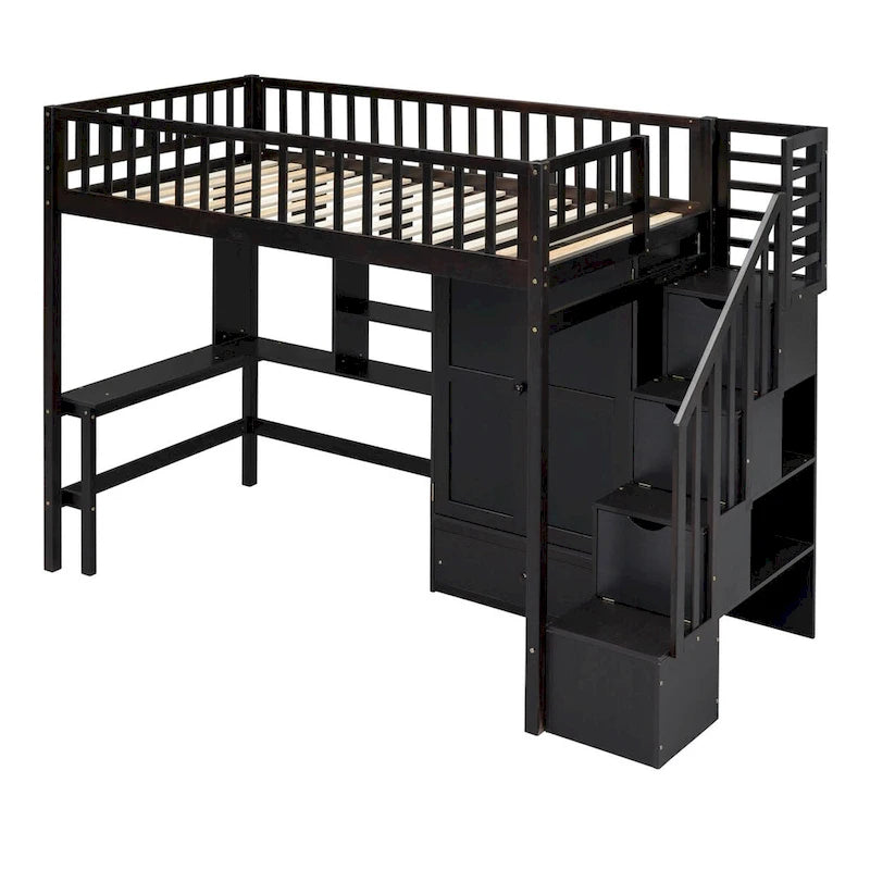 Twin Size Loft Bed with Bookshelf, Drawers, Desk and Wardrobe