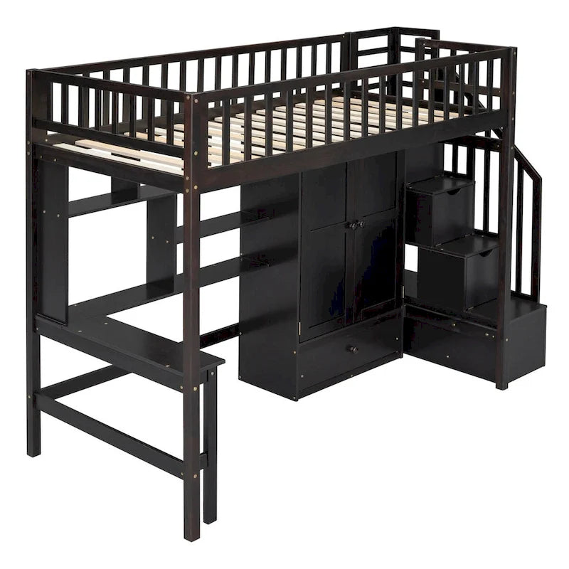 Twin Size Loft Bed with Bookshelf, Drawers, Desk and Wardrobe