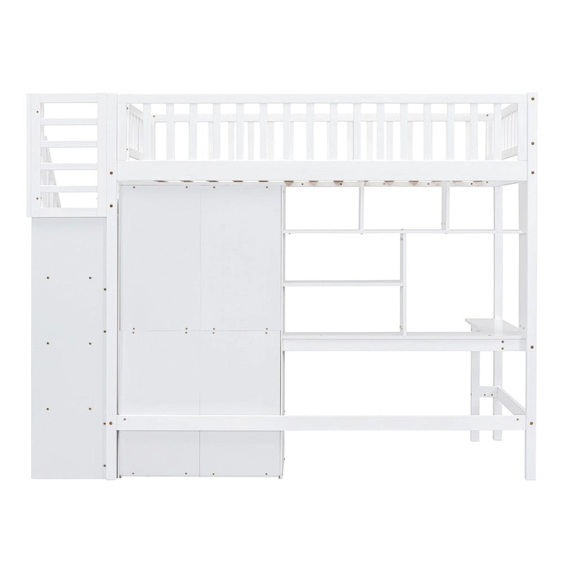 Twin Size Loft Bed with Bookshelf, Drawers, Desk and Wardrobe