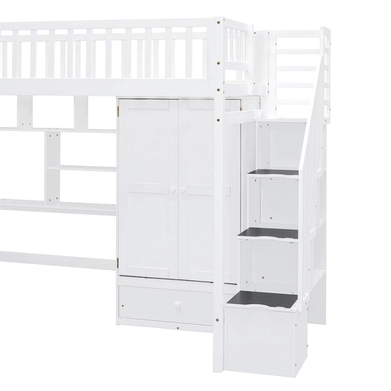 Twin Size Loft Bed with Bookshelf, Drawers, Desk and Wardrobe