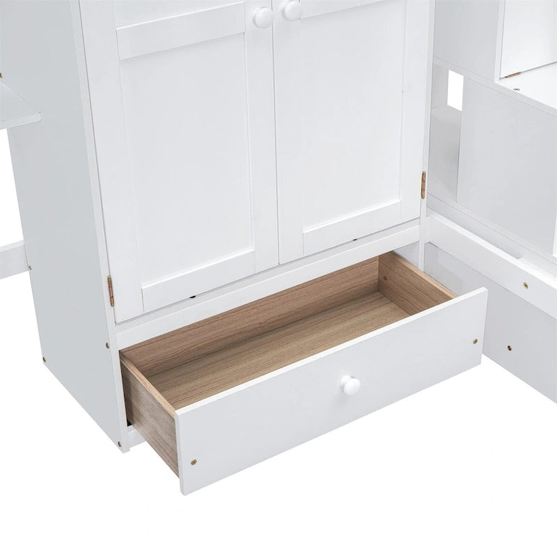 Twin Size Loft Bed with Bookshelf, Drawers, Desk and Wardrobe