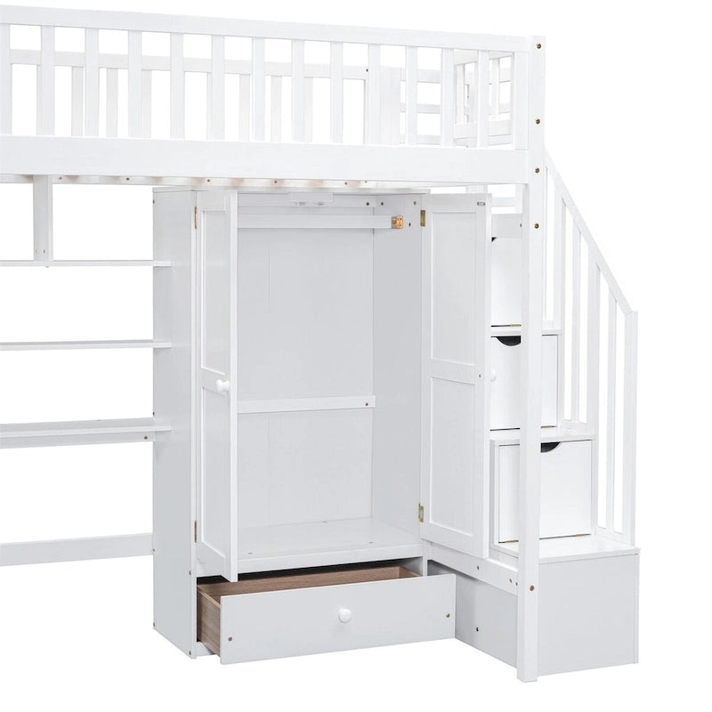 Twin Size Loft Bed with Bookshelf, Drawers, Desk and Wardrobe