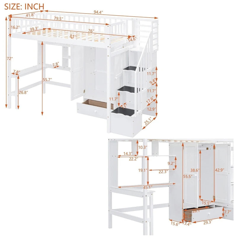 Twin Size Loft Bed with Bookshelf, Drawers, Desk and Wardrobe
