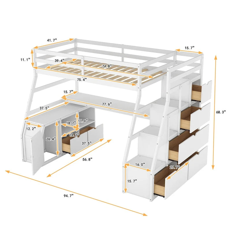 Twin Loft Bed with Integrated Drawers, Shelves & Desk for Versatile Use