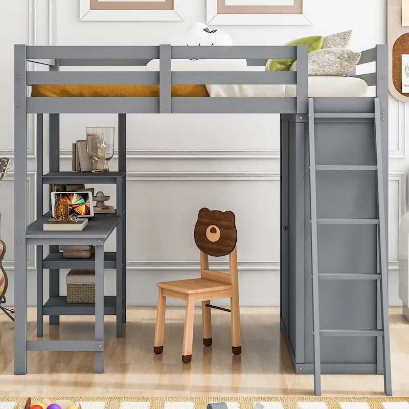 Gray Full Size Loft Bed with Wardrobe and Desk and Shelves