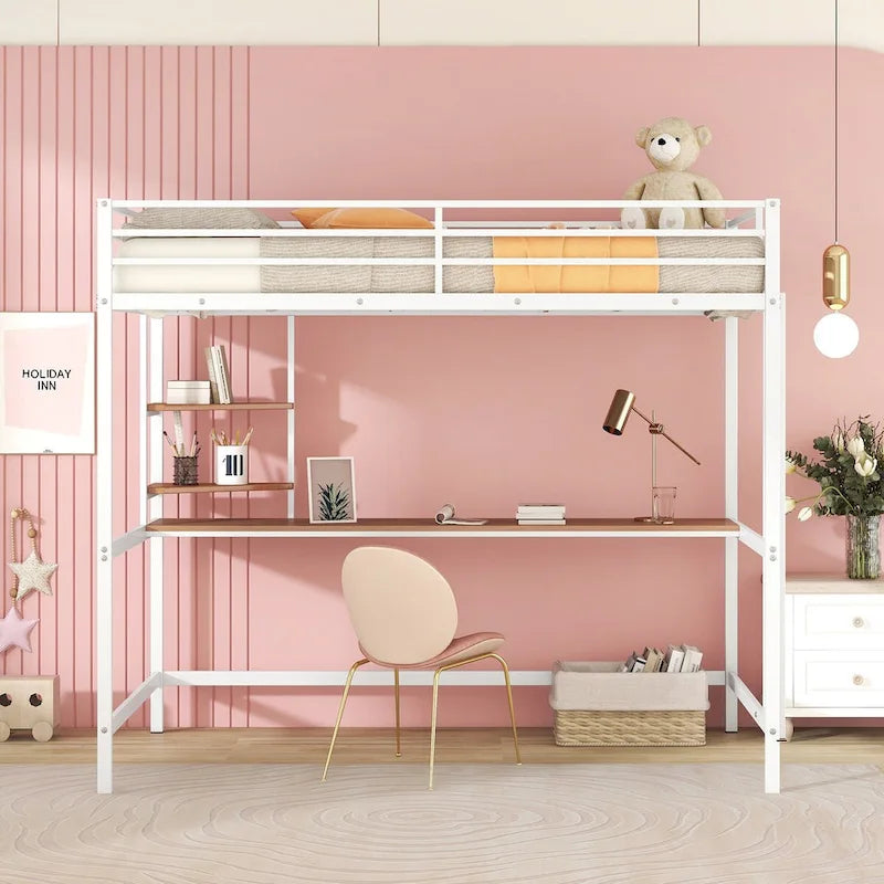 Metal Loft Bed with Desk and Shelves, Full Size