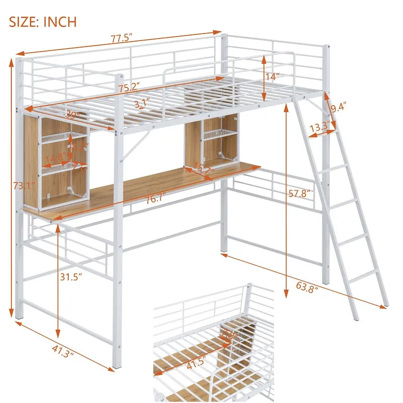 Twin Size Metal Loft Bed with Desk, Shelf and Ladder