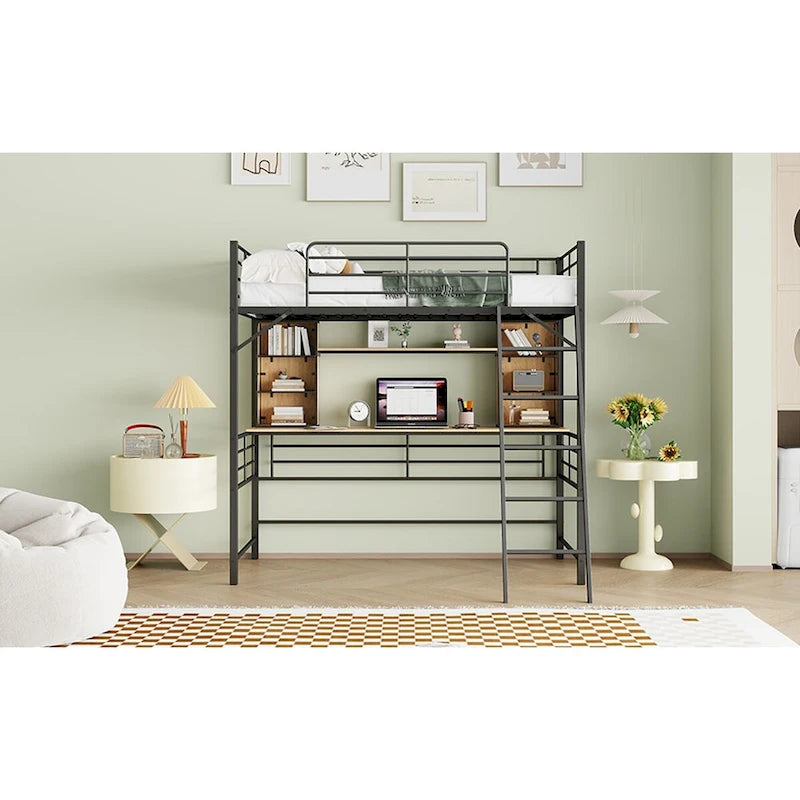 Twin Size Metal Loft Bed with Desk, Shelf and Ladder