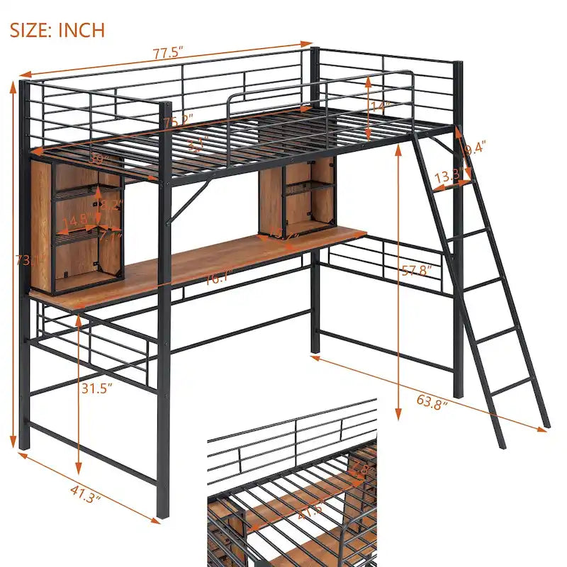 Twin Size Metal Loft Bed with Desk, Shelf and Ladder