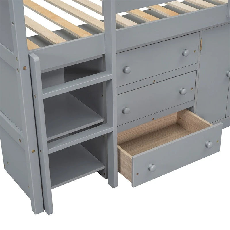 Twin Size Low Loft Bed w/ Pull-Out Desk, Drawers, Cabinet, and Shelves