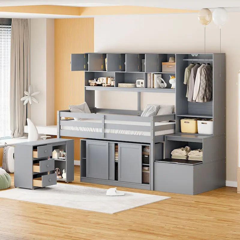 Twin Size Wooden Loft Bed with Rolling Desk, Wardrobe and Storage Staircase