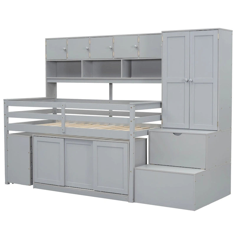 Twin Size Wooden Loft Bed with Rolling Desk, Wardrobe and Storage Staircase