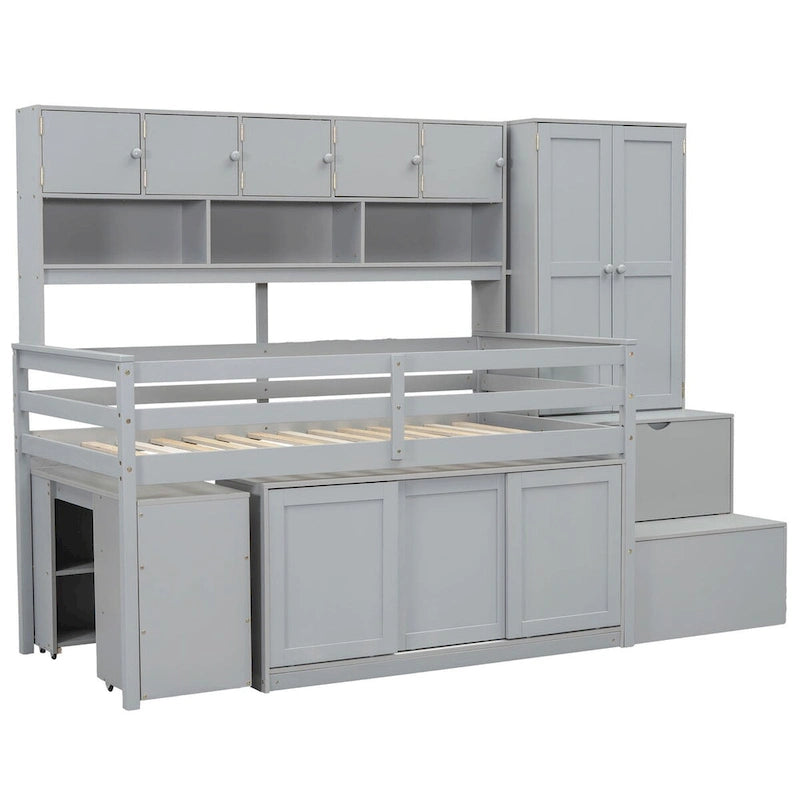 Twin Size Wooden Loft Bed with Rolling Desk, Wardrobe and Storage Staircase