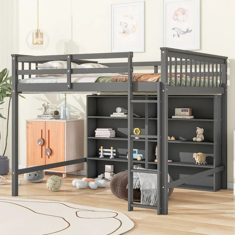 Full Size Loft Bed with 8 Open Storage Shelves Cabinet and Built-In Ladder, Full Length Guardrail & Underbed Storage Space