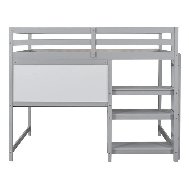Full Size Wooden Loft Bed with Shelves, Desk and Writing Board