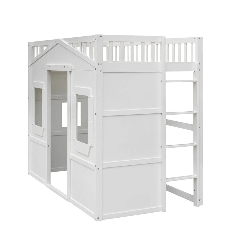 Twin Size Wooden House Loft Bed with Built-In Ladder, Storage Space and Guardrail
