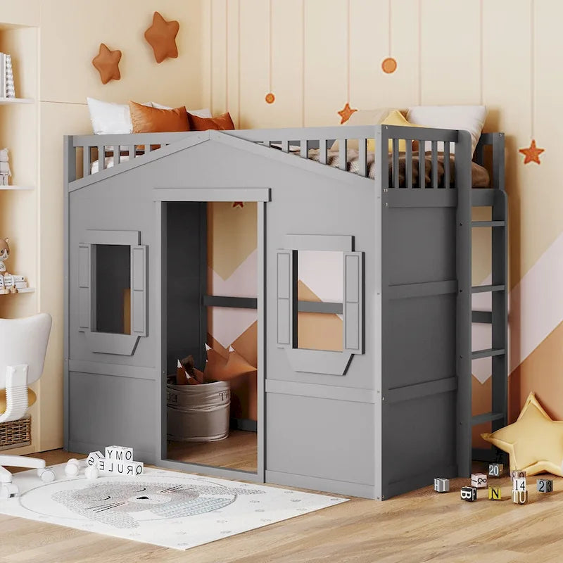 Twin Size Wooden House Loft Bed with Built-In Ladder, Storage Space and Guardrail