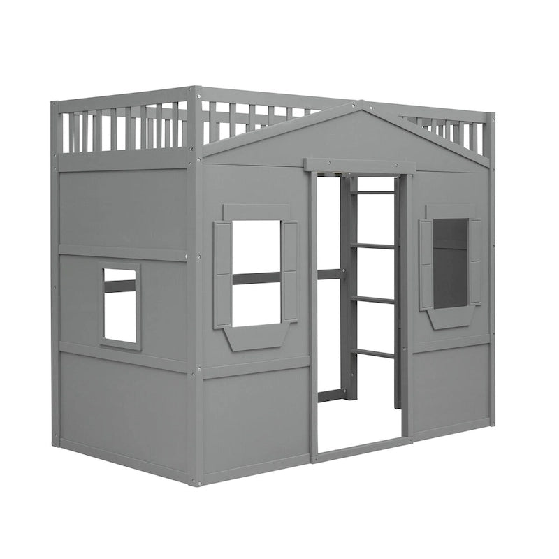 Twin Size Wooden House Loft Bed with Built-In Ladder, Storage Space and Guardrail