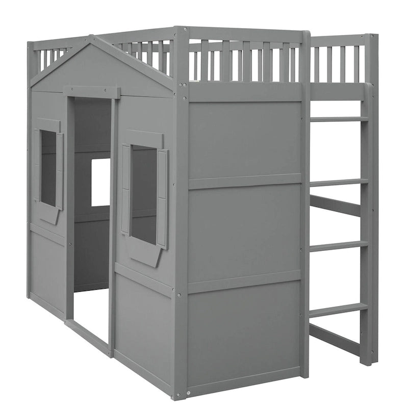 Twin Size Wooden House Loft Bed with Built-In Ladder, Storage Space and Guardrail