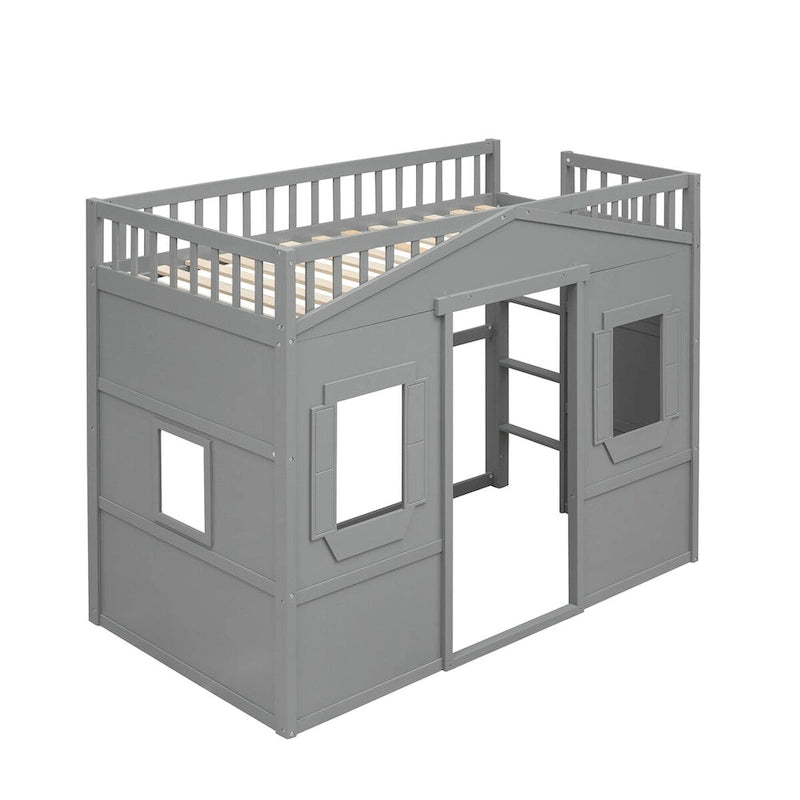 Twin Size Wooden House Loft Bed with Built-In Ladder, Storage Space and Guardrail