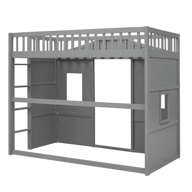 Twin Size Wooden House Loft Bed with Built-In Ladder, Storage Space and Guardrail