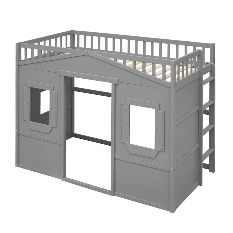 Twin Size Wooden House Loft Bed with Built-In Ladder, Storage Space and Guardrail