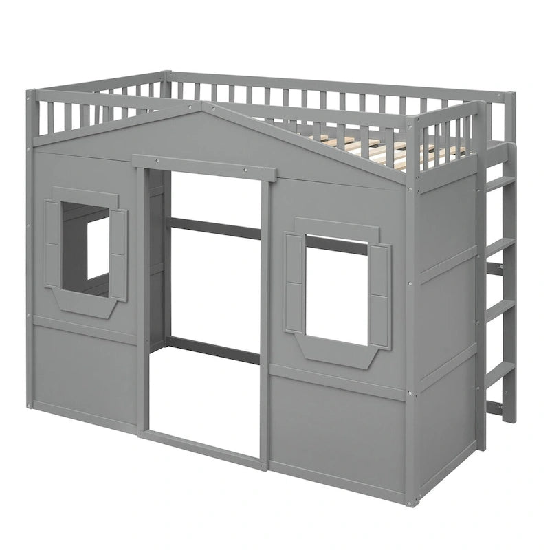 Twin Size Wooden House Loft Bed with Built-In Ladder, Storage Space and Guardrail