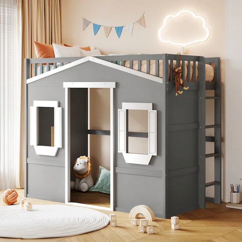 Twin Size Wooden House Loft Bed with Built-In Ladder, Storage Space and Guardrail