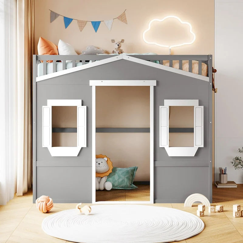 Twin Size Wooden House Loft Bed with Built-In Ladder, Storage Space and Guardrail