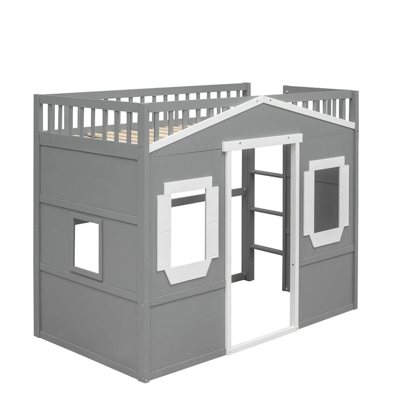 Twin Size Wooden House Loft Bed with Built-In Ladder, Storage Space and Guardrail