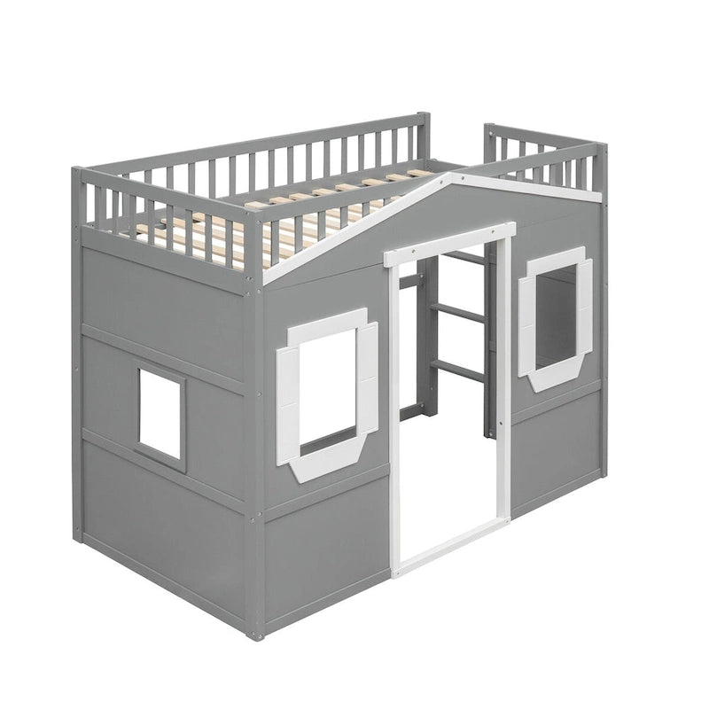 Twin Size Wooden House Loft Bed with Built-In Ladder, Storage Space and Guardrail