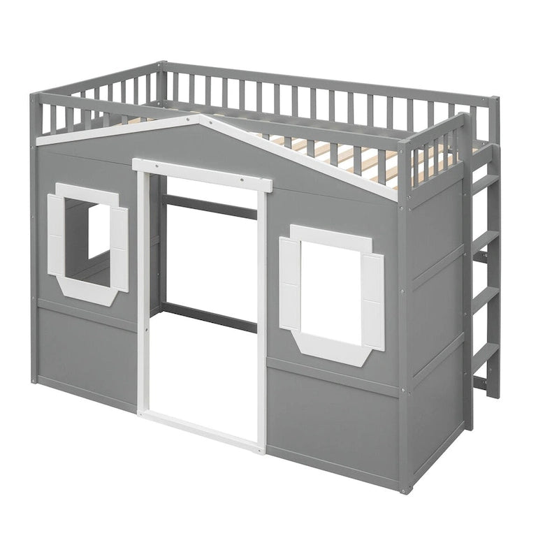 Twin Size Wooden House Loft Bed with Built-In Ladder, Storage Space and Guardrail