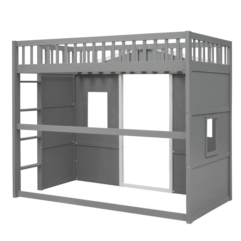 Twin Size Wooden House Loft Bed with Built-In Ladder, Storage Space and Guardrail