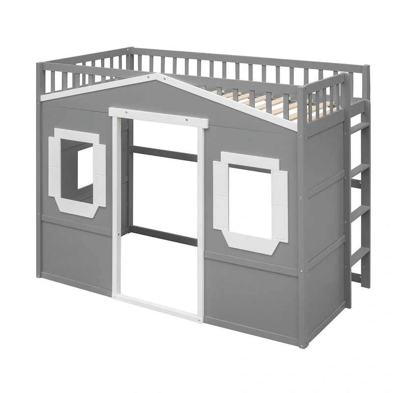 Twin Size Wooden House Loft Bed with Built-In Ladder, Storage Space and Guardrail