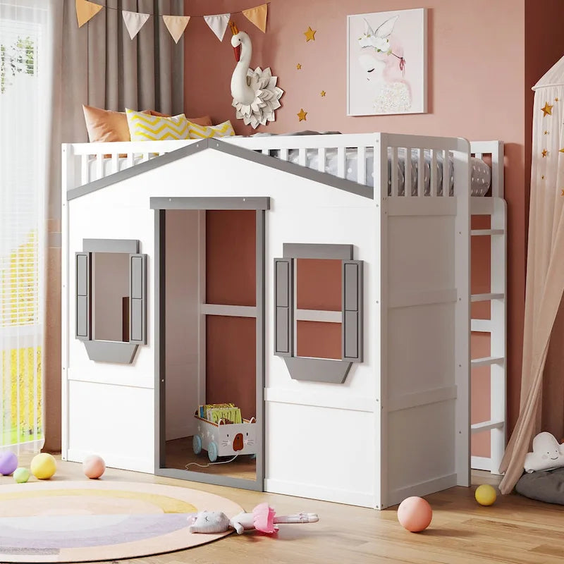 Twin Size Wooden House Loft Bed with Built-In Ladder, Storage Space and Guardrail