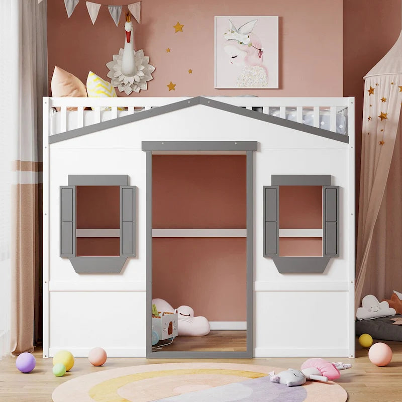Twin Size Wooden House Loft Bed with Built-In Ladder, Storage Space and Guardrail