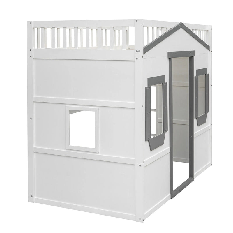 Twin Size Wooden House Loft Bed with Built-In Ladder, Storage Space and Guardrail