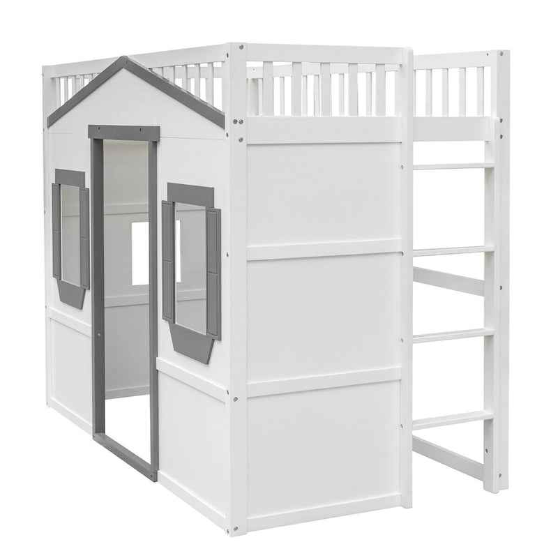 Twin Size Wooden House Loft Bed with Built-In Ladder, Storage Space and Guardrail