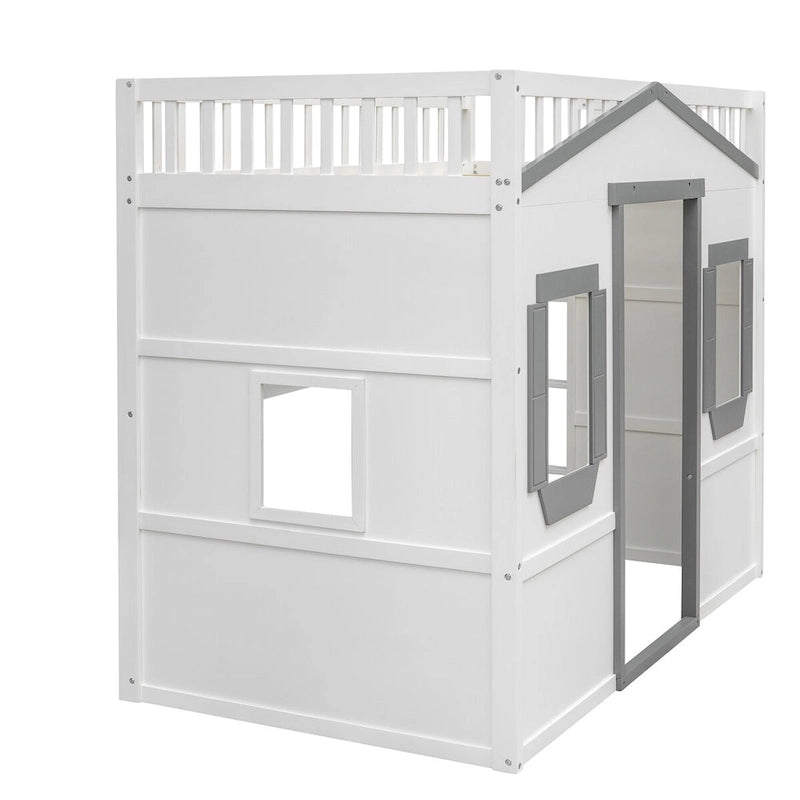 Twin Size Wooden House Loft Bed with Built-In Ladder, Storage Space and Guardrail