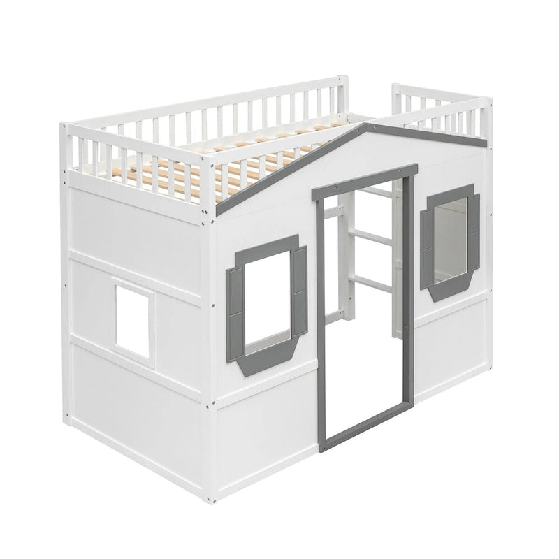 Twin Size Wooden House Loft Bed with Built-In Ladder, Storage Space and Guardrail
