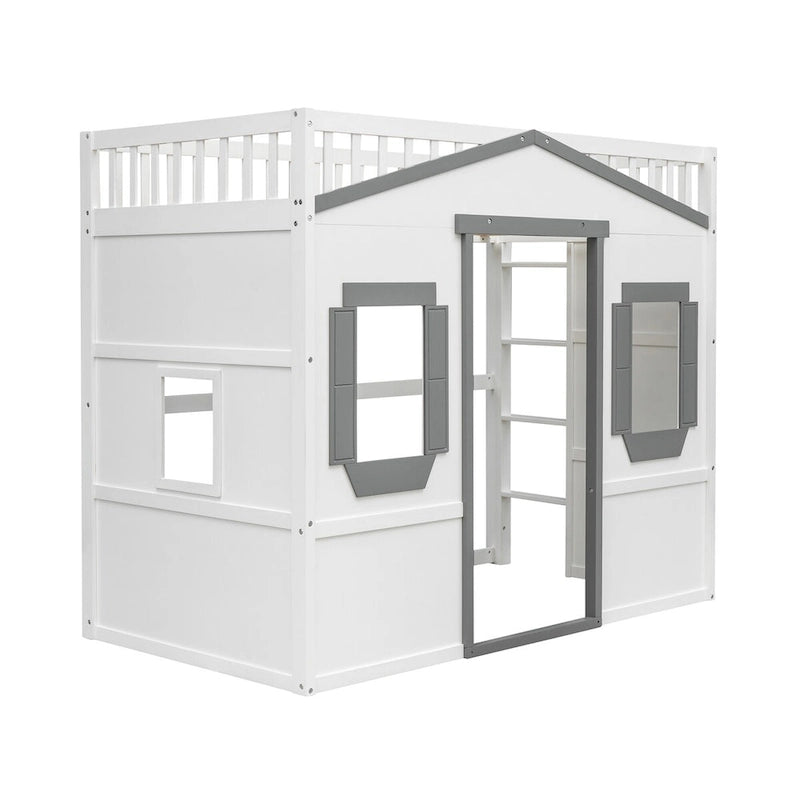 Twin Size Wooden House Loft Bed with Built-In Ladder, Storage Space and Guardrail