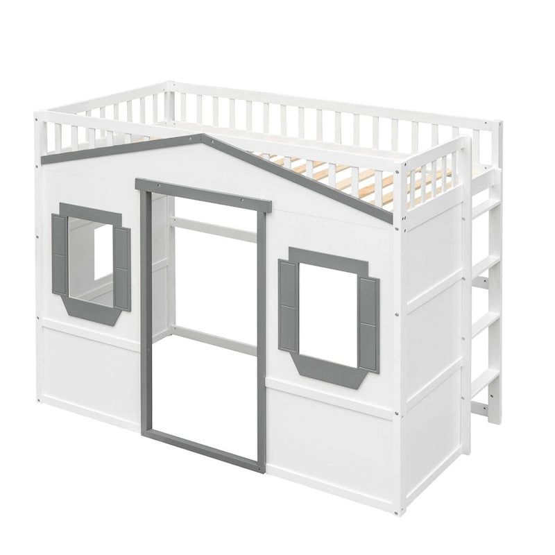 Twin Size Wooden House Loft Bed with Built-In Ladder, Storage Space and Guardrail