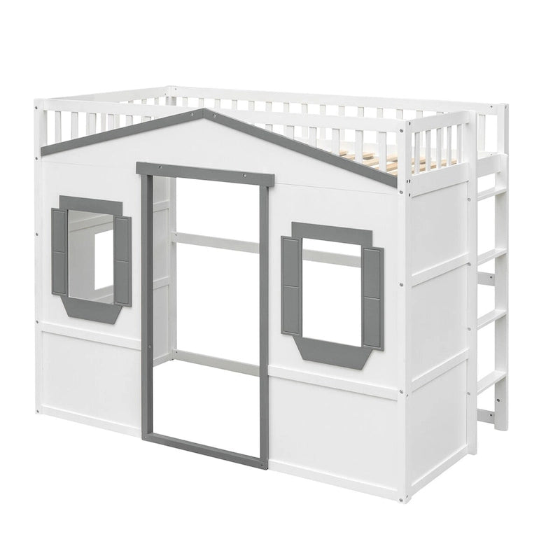 Twin Size Wooden House Loft Bed with Built-In Ladder, Storage Space and Guardrail