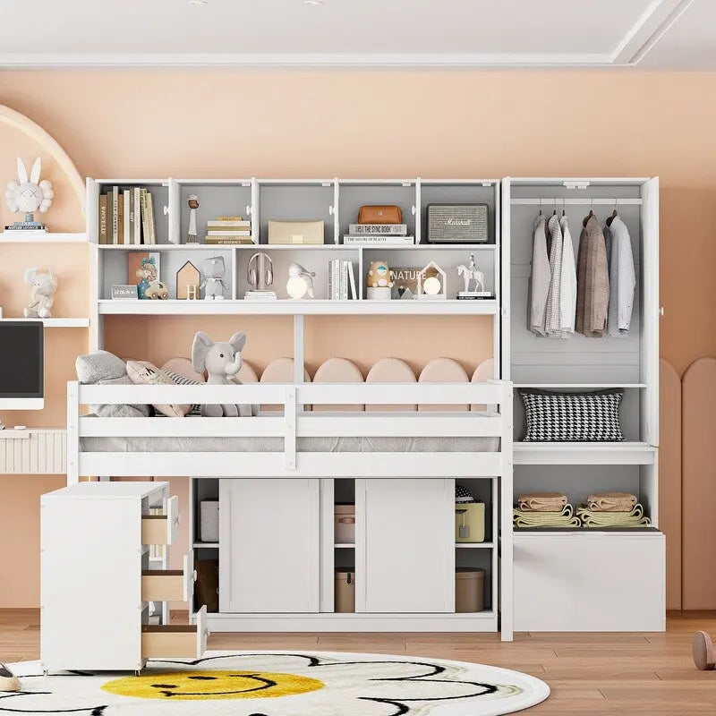 Full Size Wooden Loft Bed with Under-bed Desk, Drawers, Shelves and Wardrobe