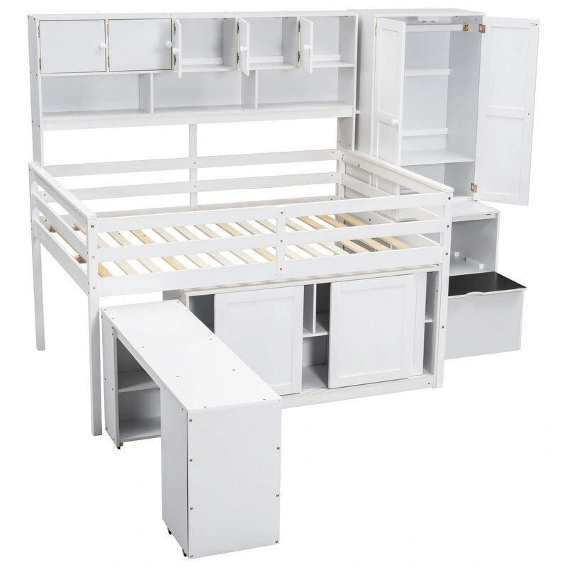 Full Size Wooden Loft Bed with Under-bed Desk, Drawers, Shelves and Wardrobe