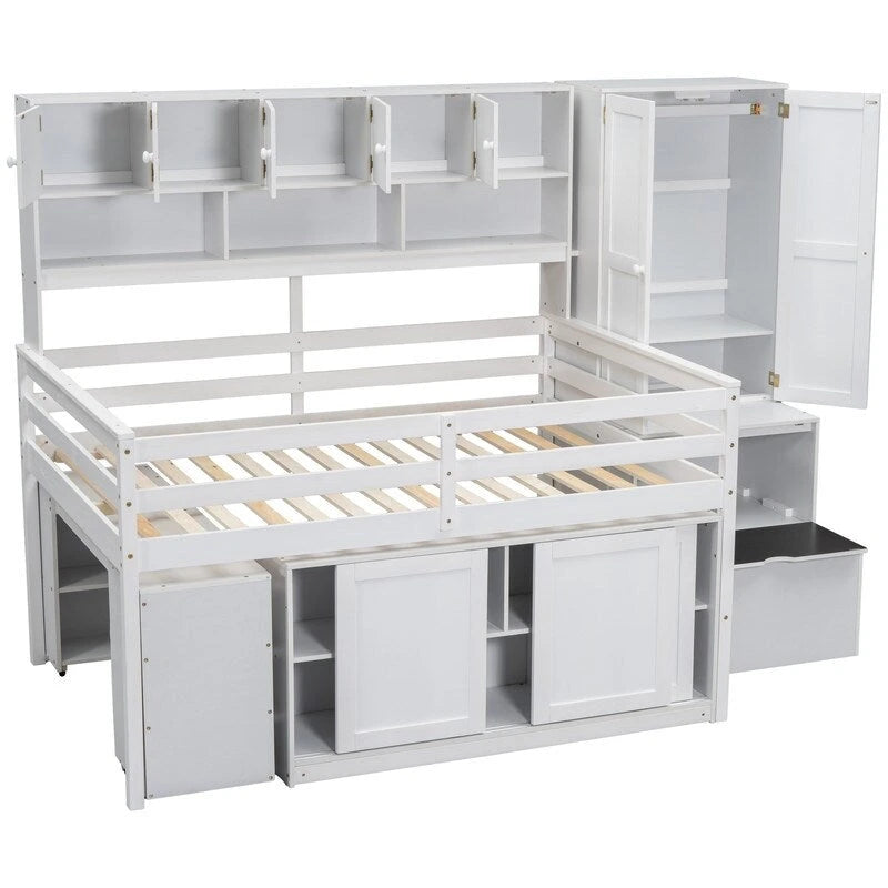 Full Size Wooden Loft Bed with Under-bed Desk, Drawers, Shelves and Wardrobe
