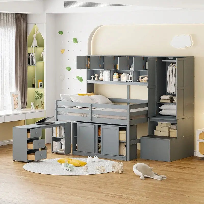 Full Size Wooden Loft Bed with Under-bed Desk, Drawers, Shelves and Wardrobe